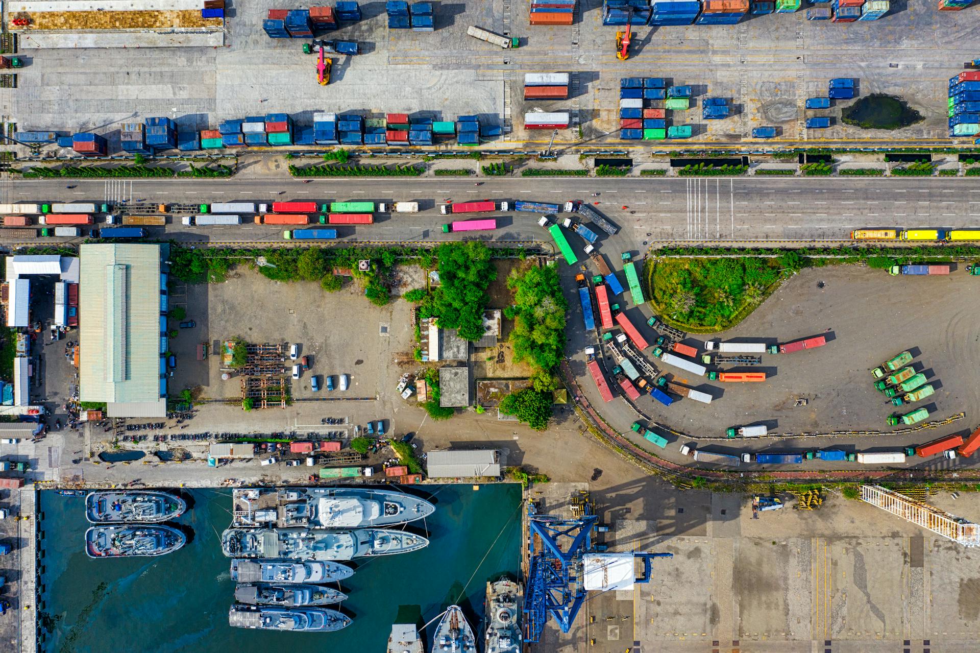 Colorful trucks in a freight yard, high angle